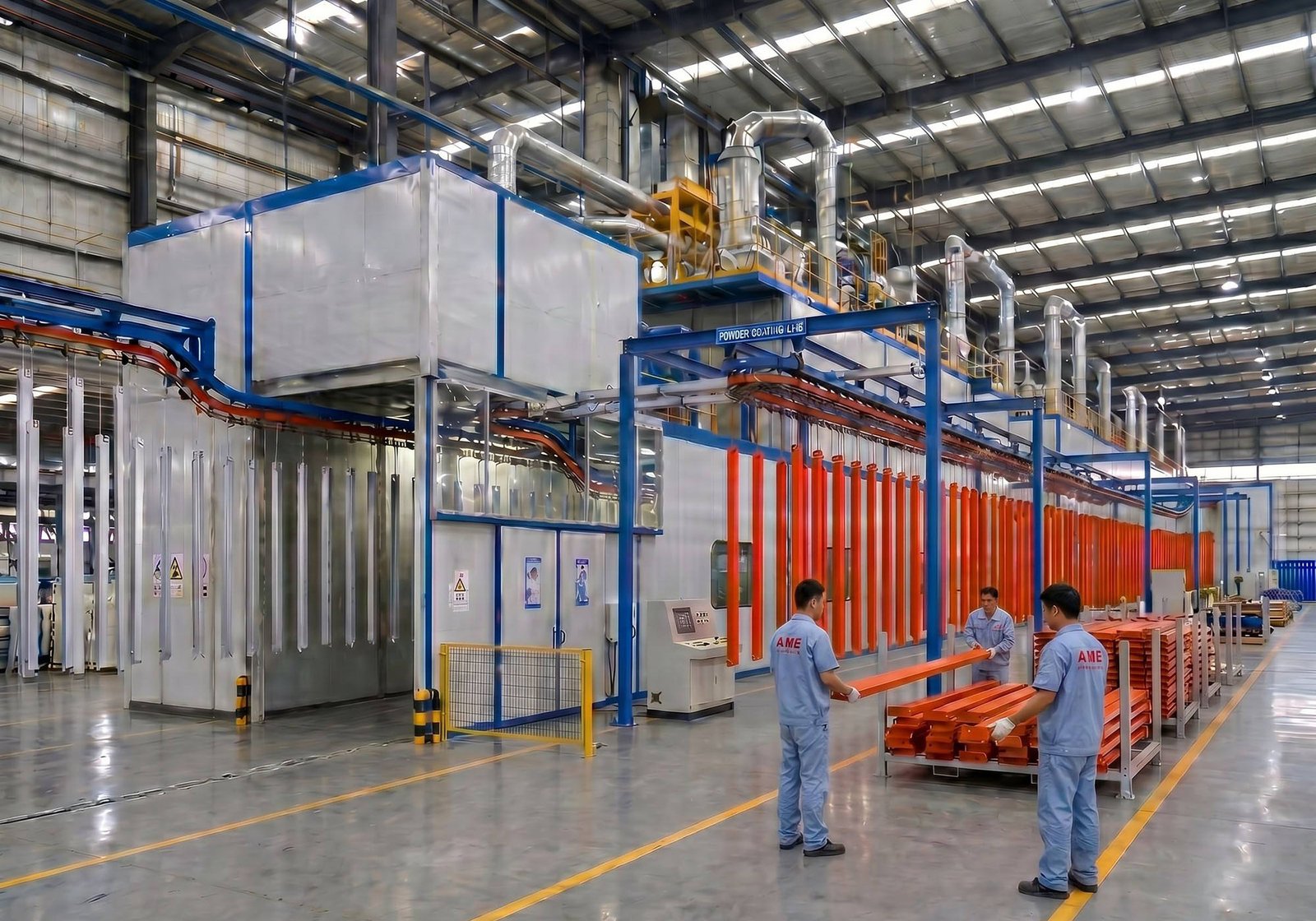 Automatic powder coating line for racking