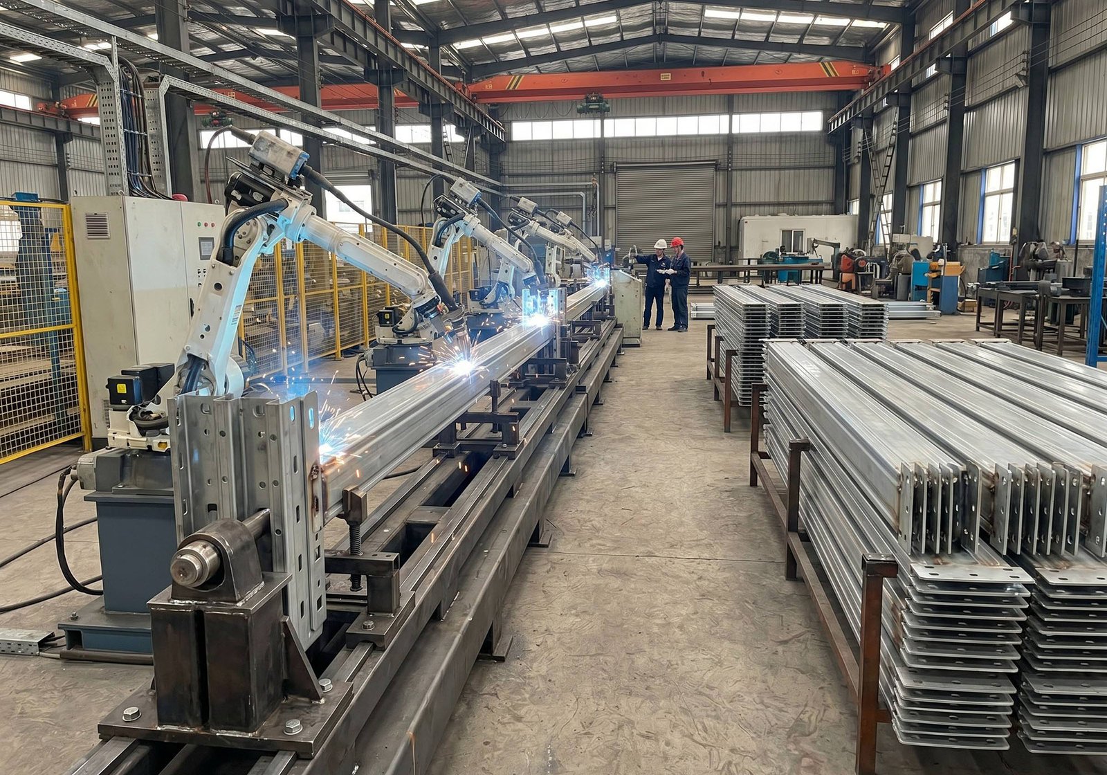 Robotic welding cells for racking beams