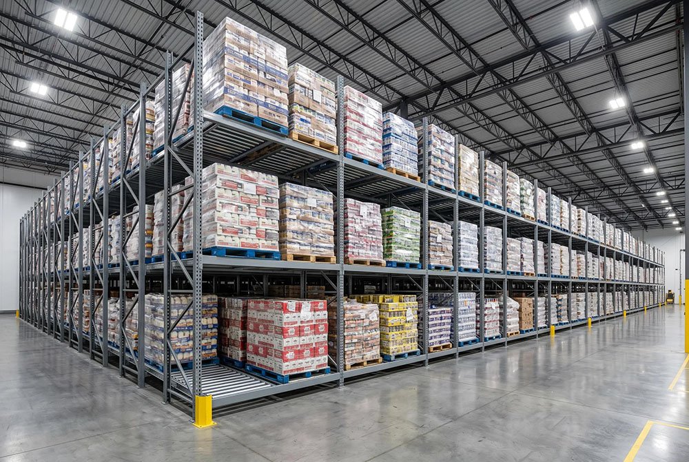 Teardrop pallet flow racking with inclined gravity rollers for FIFO