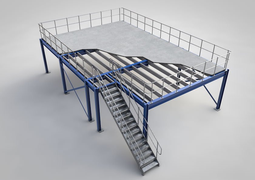 H-steel mezzanine with pallet rack and forklift operating on upper deck