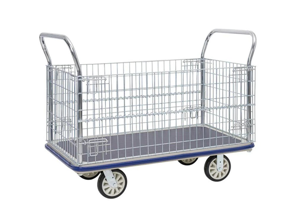 Mesh-sided cage platform trolley with hinged drop-down side by AME Rack