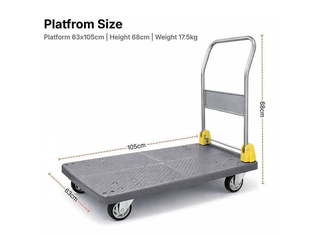 Foldable plastic platform trolley with fold-down steel handle by AME Rack