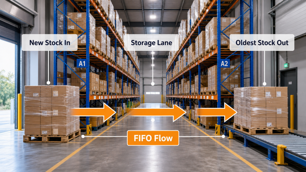Annotated FIFO flow diagram showing new stock in and oldest stock out in a warehouse racking system