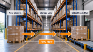 Annotated FIFO flow diagram showing new stock in and oldest stock out in a warehouse racking system