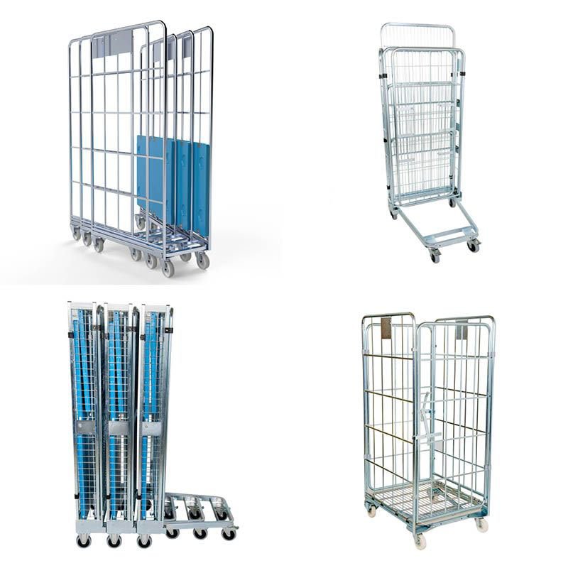 4-sided foldable roll container with rubber castors and adjustable middle shelf