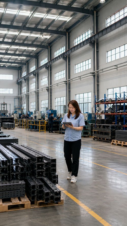Lily walking through AME Rack Dongguan factory roll-forming line, inspecting upright dimensional tolerance