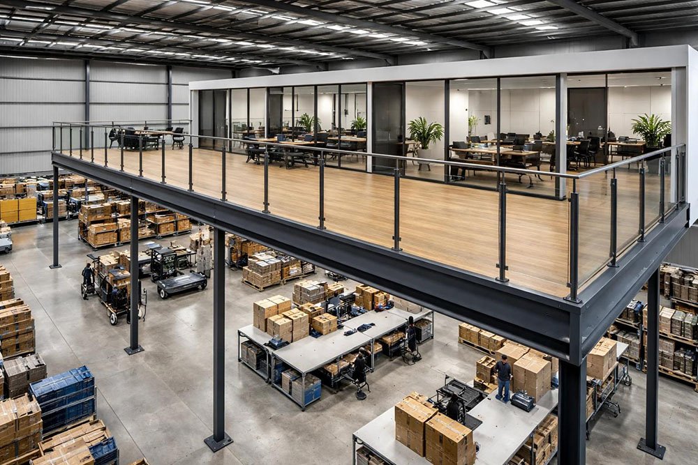 H-steel mezzanine office with glass-panel supervisor cabin and meeting room