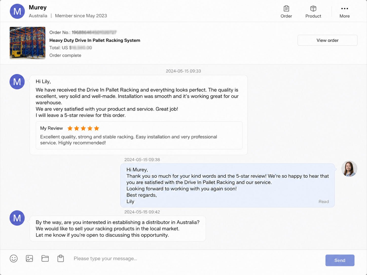 Customer review from Mr. Carlos R. - radio shuttle racking cold storage Brazil