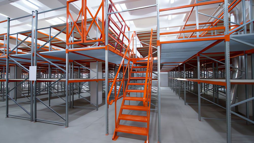 Structural frame and elevated floor of a pallet rack supported mezzanine
