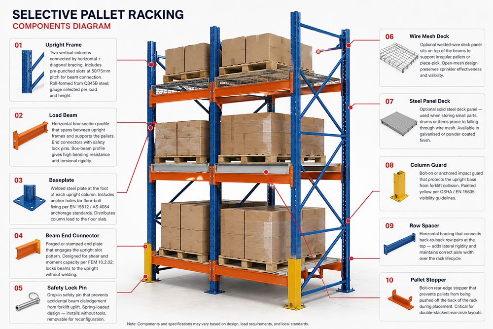 Selective pallet rack components diagram showing upright frame, beam, baseplate and accessories