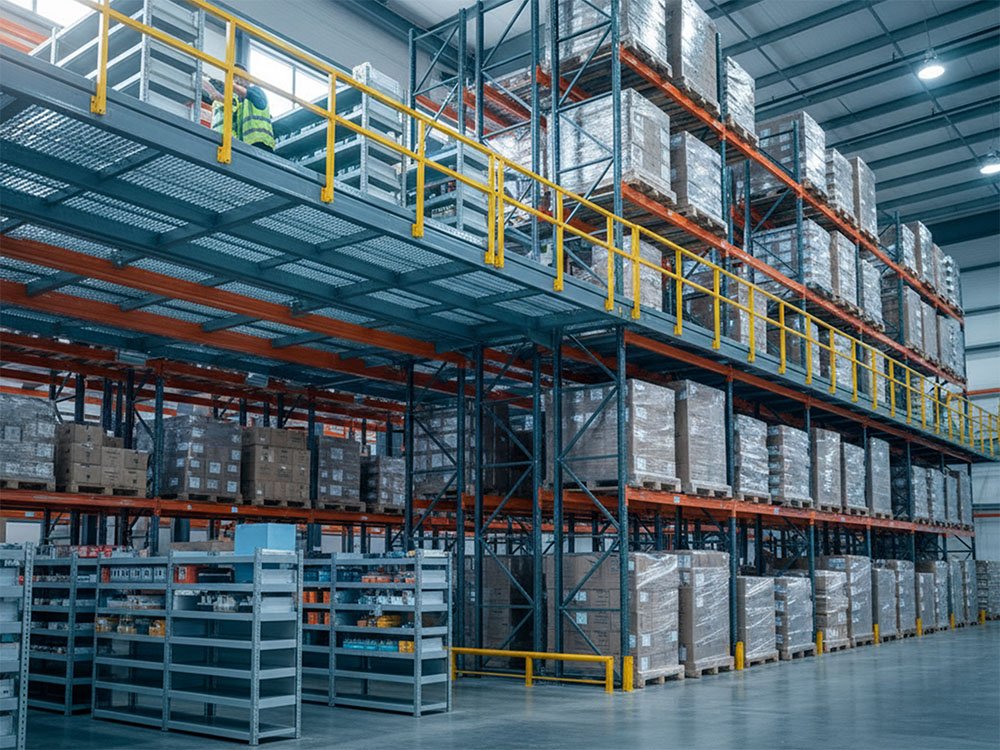 Pallet Rack-Supported Mezzanine for forklift-active deck