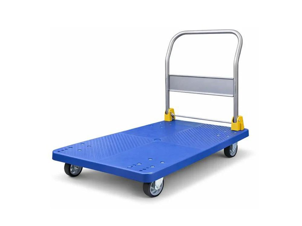 Foldable plastic platform trolley with PU castors and folding handle