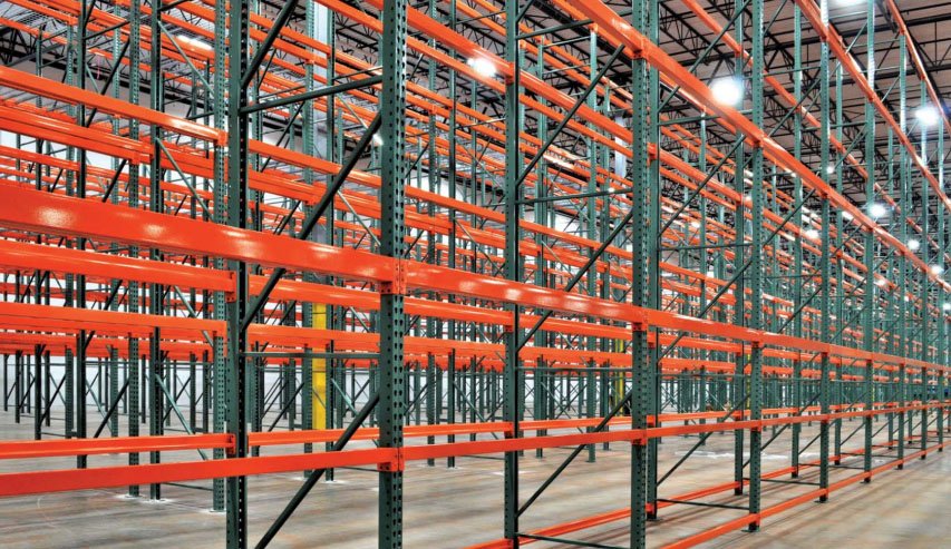Teardrop-style pallet racks used in a modern warehouse