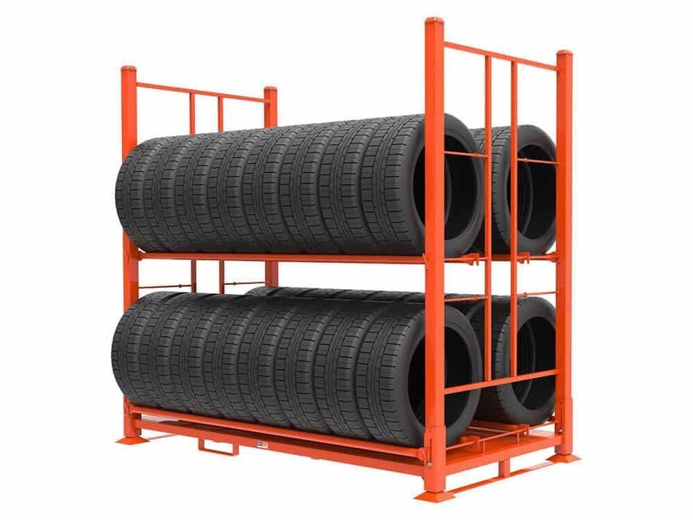 Portable stack rack — left assembled with corner posts standing, right folded flat for storage