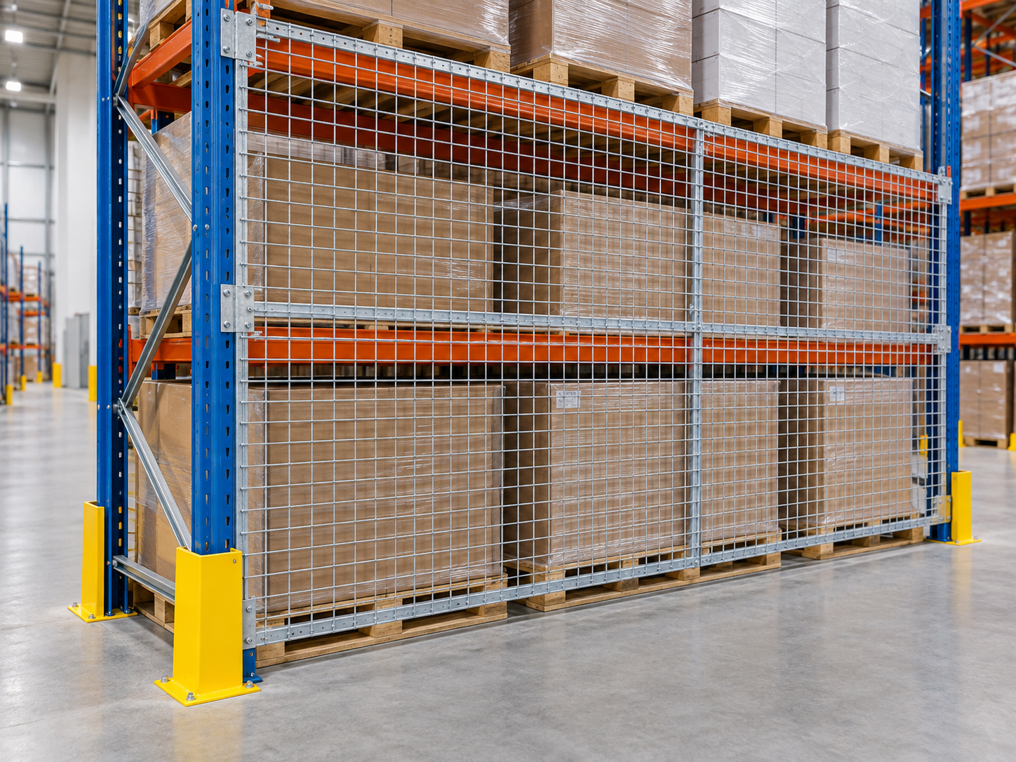 Rigid anti-collapse mesh panels installed behind pallet racking