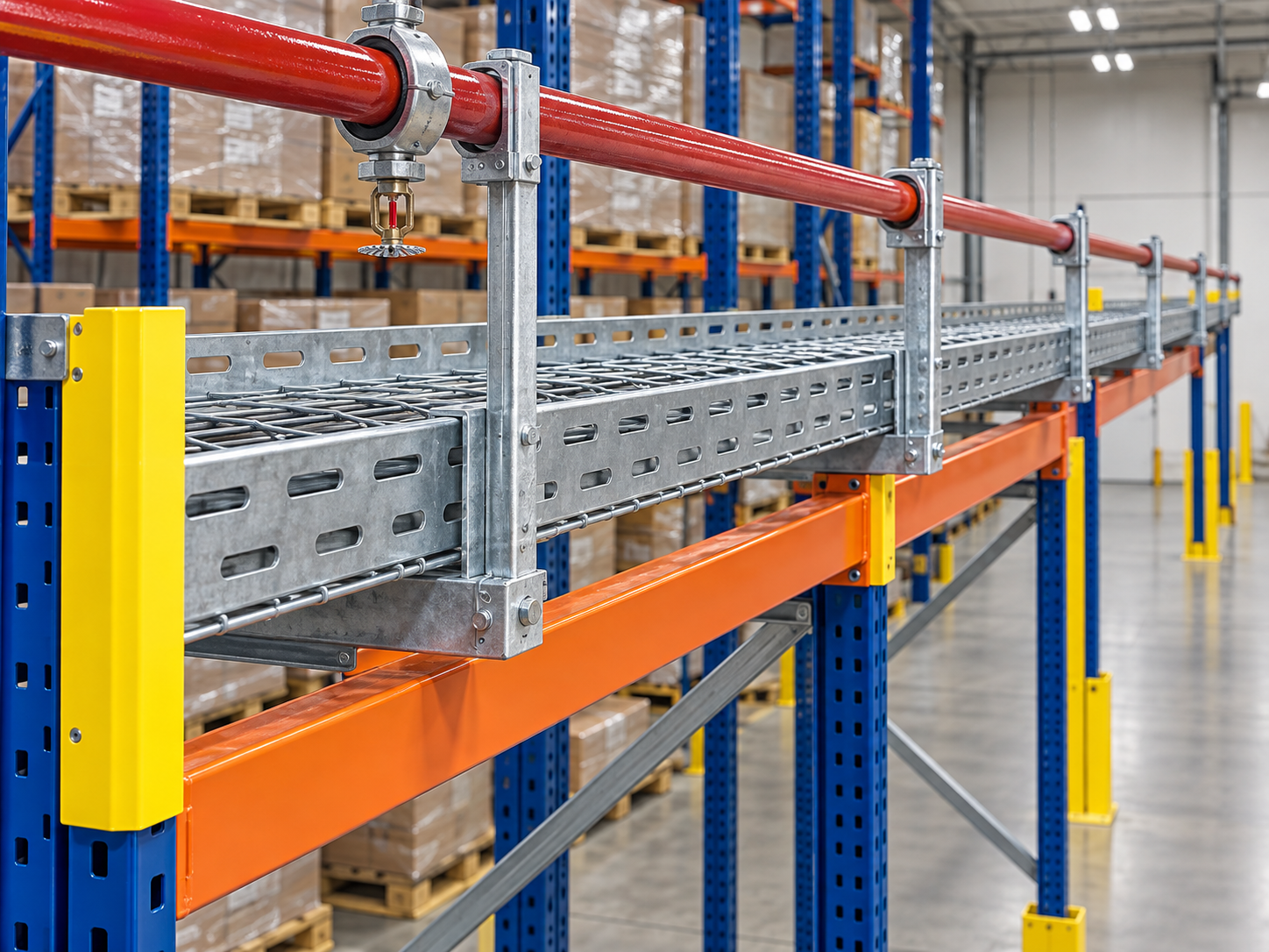 Cable trays and sprinkler pipe supports routed along pallet racking