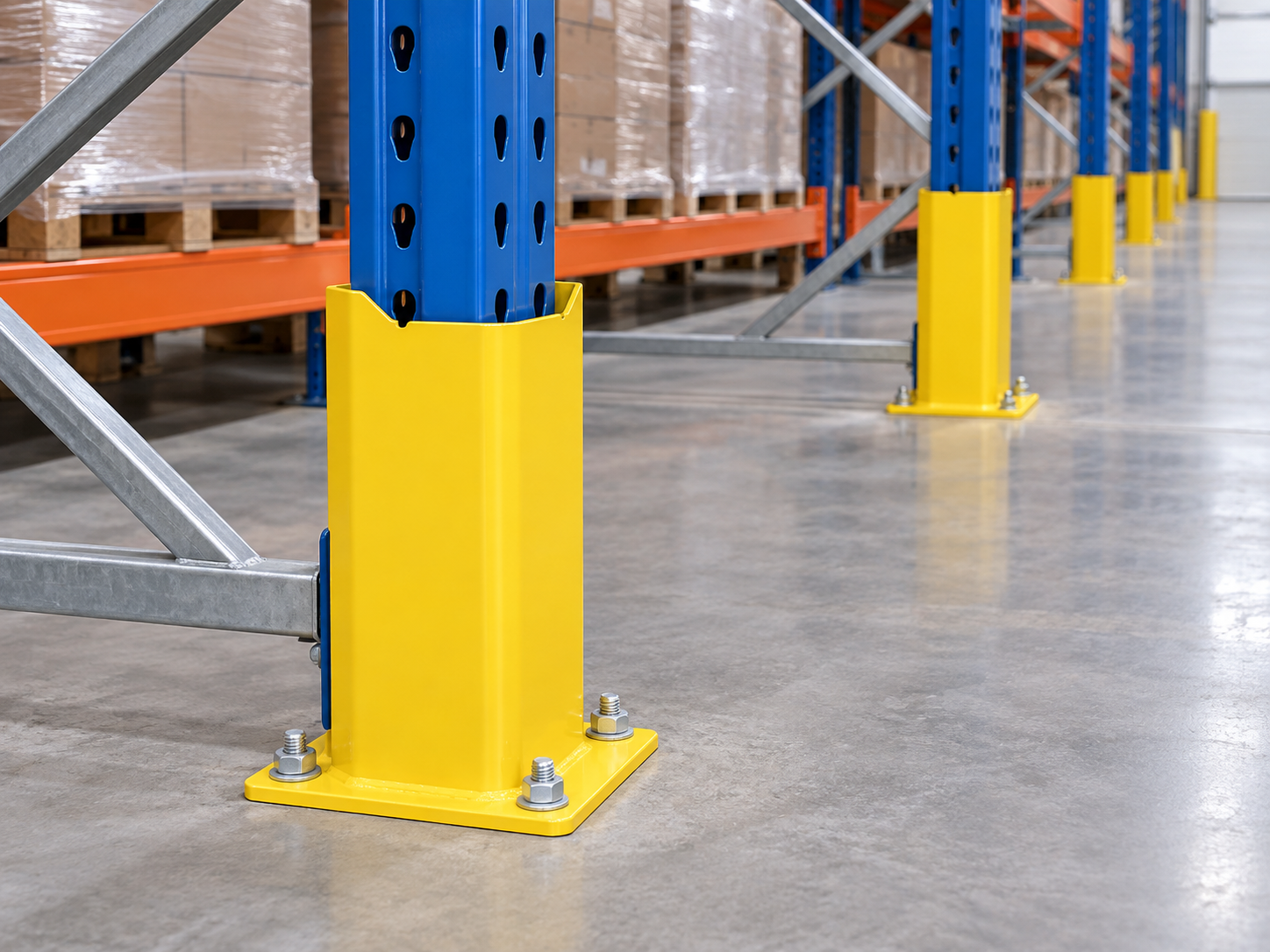 Yellow steel column protector guarding a pallet rack upright