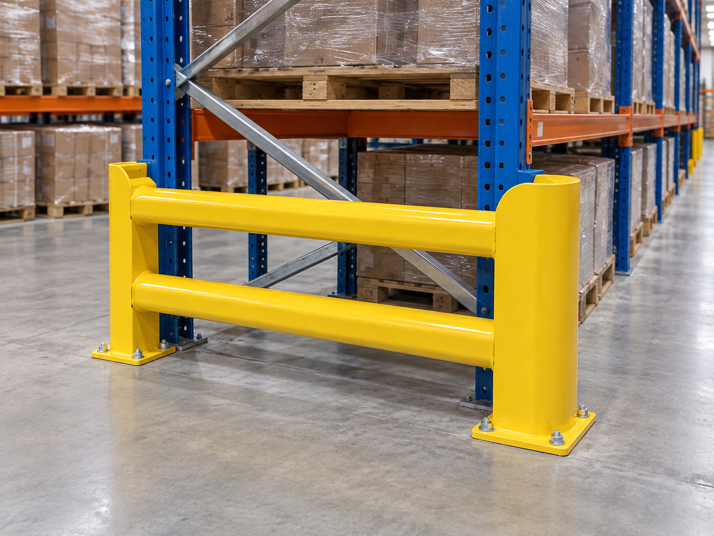 Heavy-duty yellow end-of-aisle guard protecting a rack row