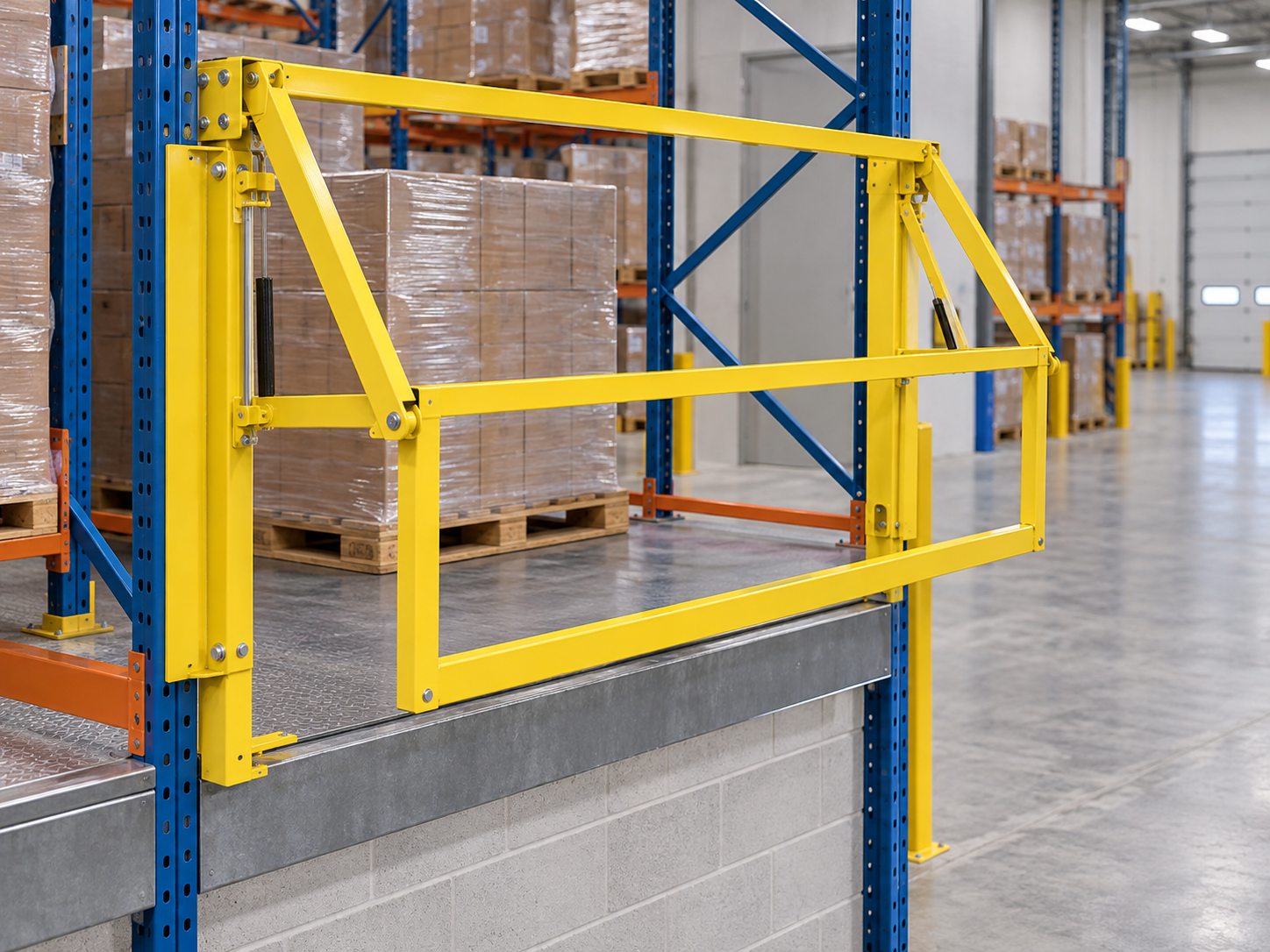 Self-closing pallet safety gate at a raised loading opening