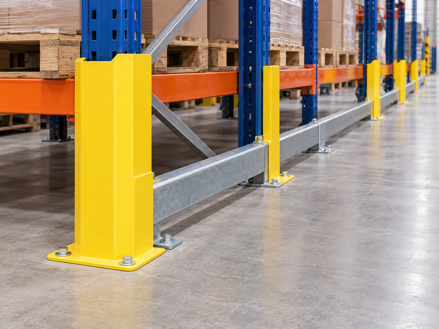 Rack post protectors and steel floor rail guides along an aisle