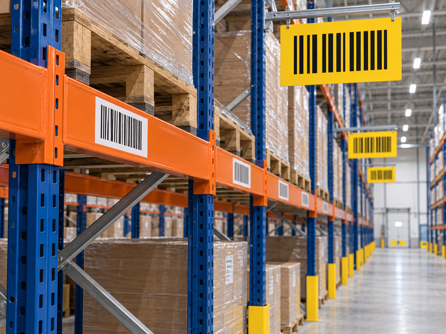Pallet rack aisle signs and barcode location labels