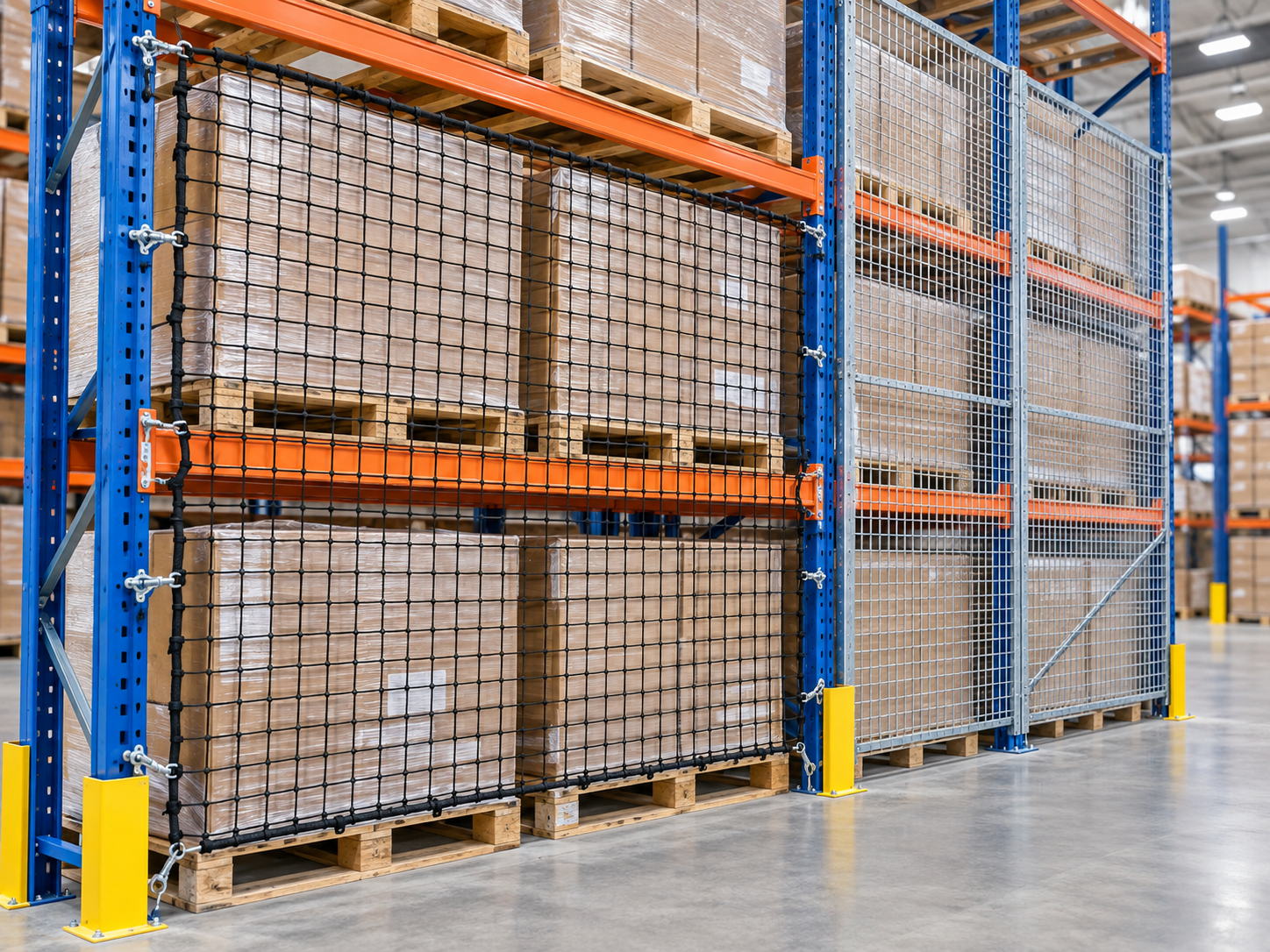 Rack safety netting and rigid back guards behind stored pallets
