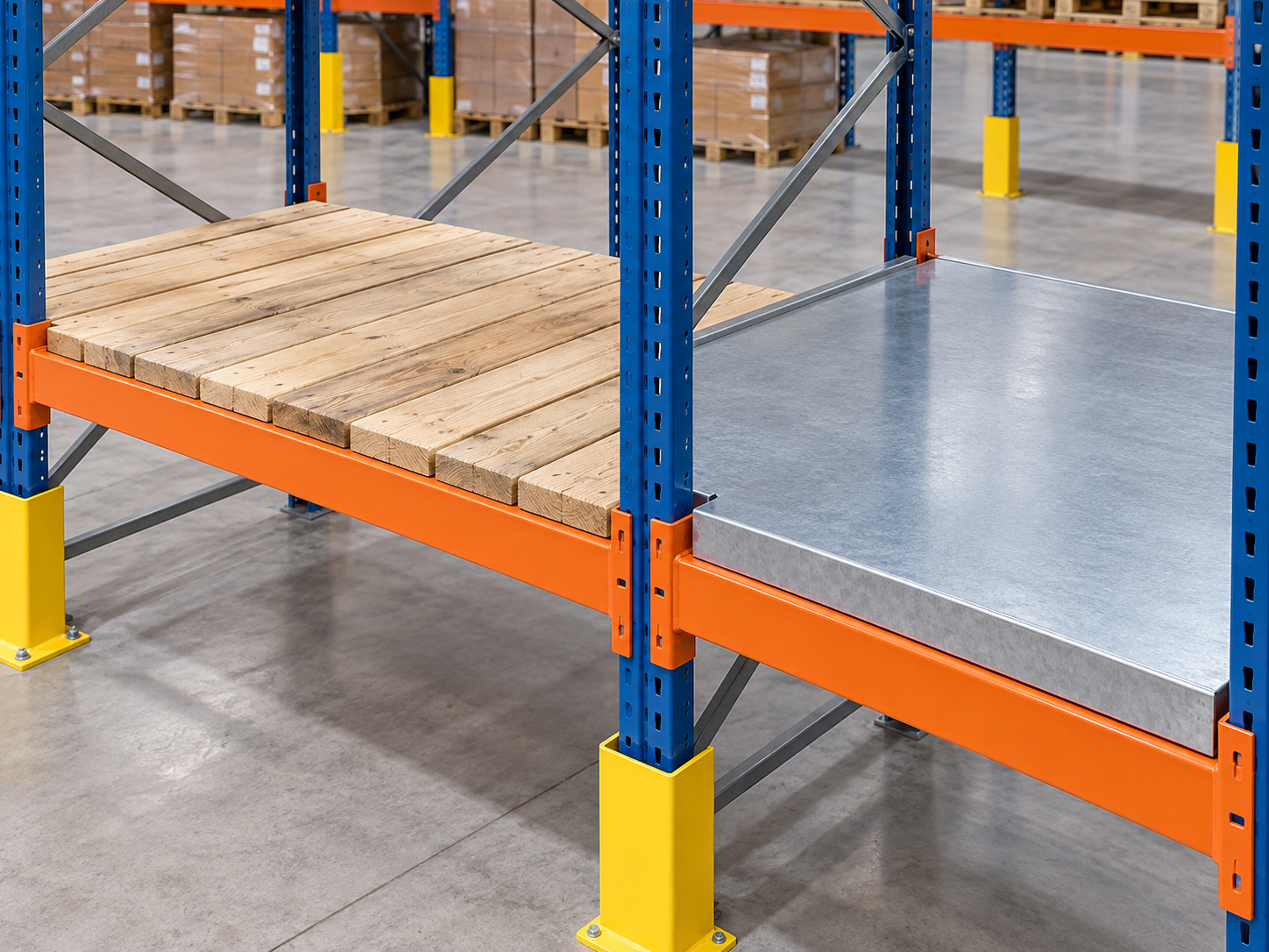 Comparison of timber decking and solid steel plate decking on pallet racks