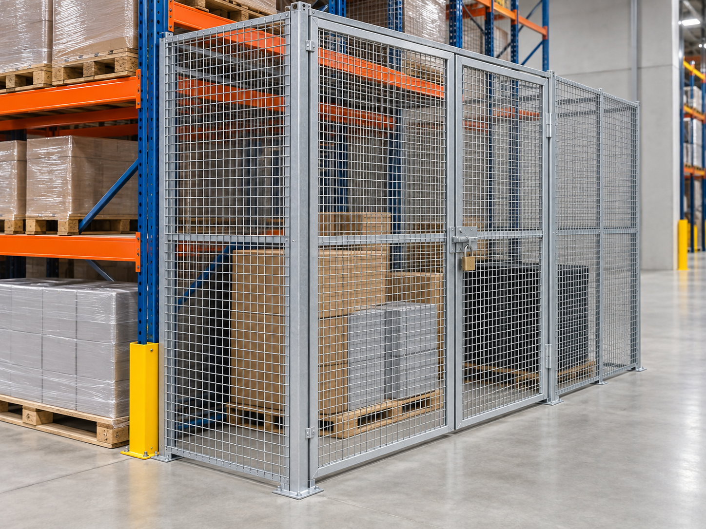 Galvanized wire mesh partition forming a secure warehouse enclosure
